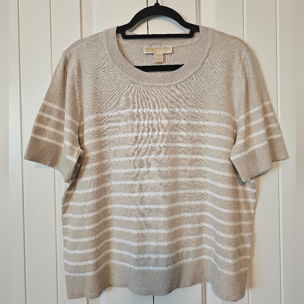 Michael Kors Beige and White Striped Knit Short-Sleeve Top